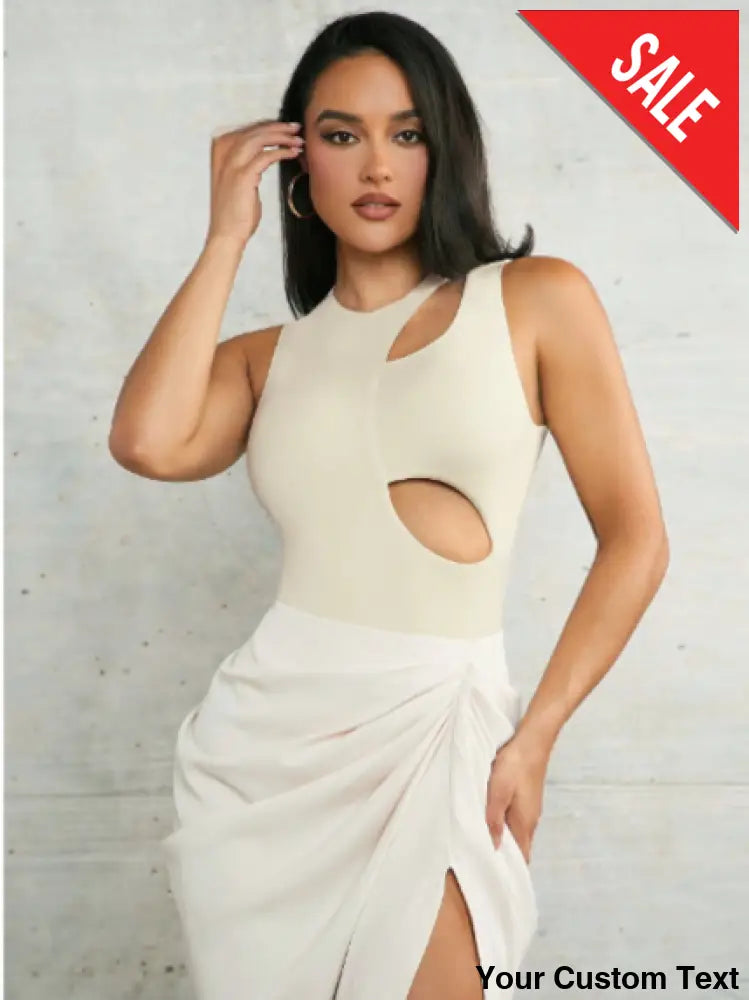 Body de una pieza ajustado y sexy con escote calado sin mangas color albaricoque para mujer Blusa