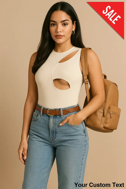 Body de una pieza ajustado y sexy con escote calado sin mangas color albaricoque para mujer Blusa