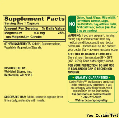 Citrato de magnesio marca Spring Valley - 100 Capsulas - Suplementos y Vitaminas