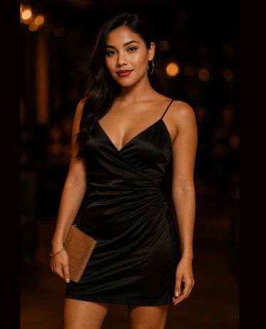 Vestido negro drapeado para mujer