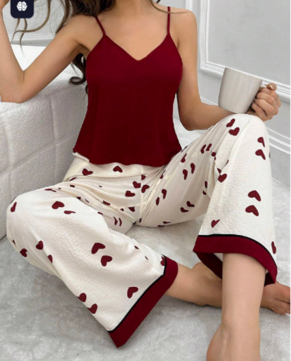 Conjunto de pijama blusa cuello en V y pantalones estampados rojo para Dama