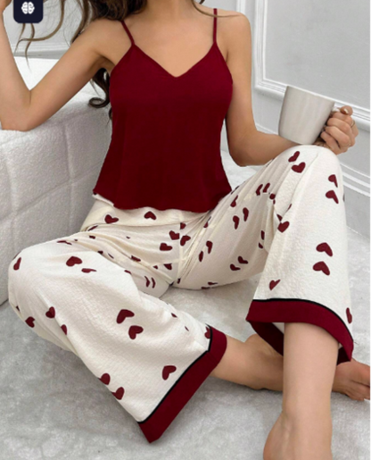 Conjunto de pijama blusa cuello en V y pantalones estampados rojo para Dama