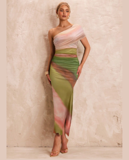 Vestido  en malla estampado degrade de un hombro para dama