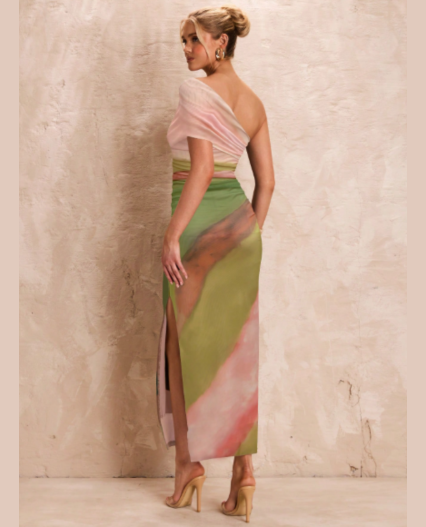 Vestido  en malla estampado degrade de un hombro para dama