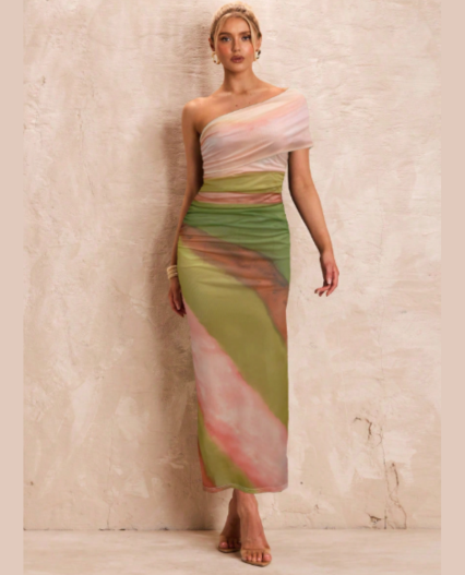 Vestido  en malla estampado degrade de un hombro para dama