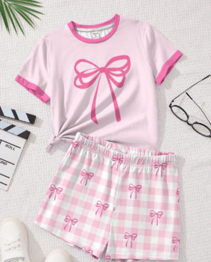 Pijama de 2 piezas para niñas, top de manga corta con estampado de lazo rosa elegante y shorts