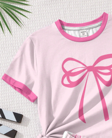 Pijama de 2 piezas para niñas, top de manga corta con estampado de lazo rosa elegante y shorts