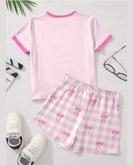 Pijama de 2 piezas para niñas, top de manga corta con estampado de lazo rosa elegante y shorts