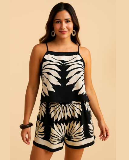 Conjunto blusa tirantes y short holgado para mujer estampado