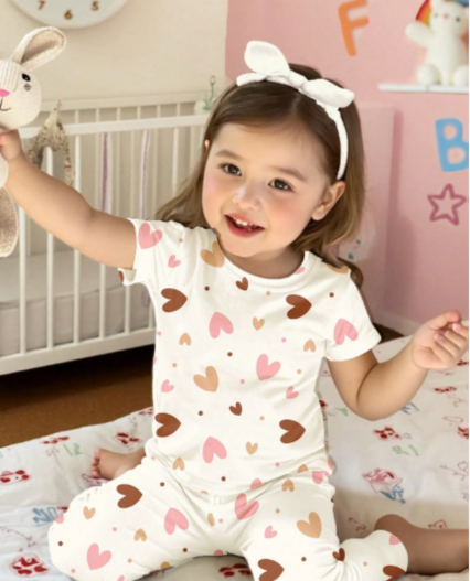 Pijama corazones para niña manga corta y pantalon largo