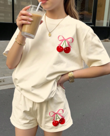 Pijama short para jovencitas estampado cerezas