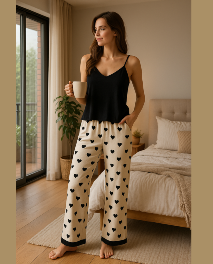 Conjunto de pijama blusa cuello en V y pantalones estampados para Dama