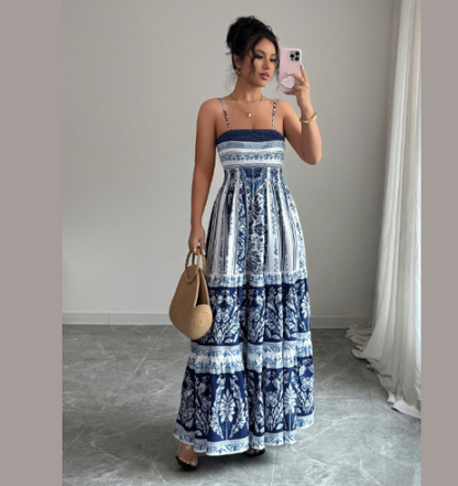 Vestido largo estampado con cintura entallada para mujer