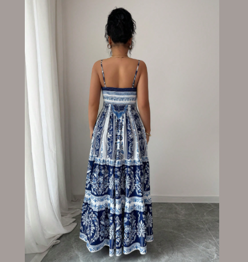 Vestido largo estampado con cintura entallada para mujer