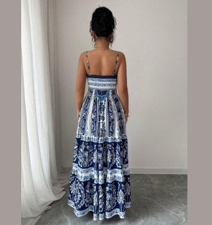 Vestido largo estampado con cintura entallada para mujer