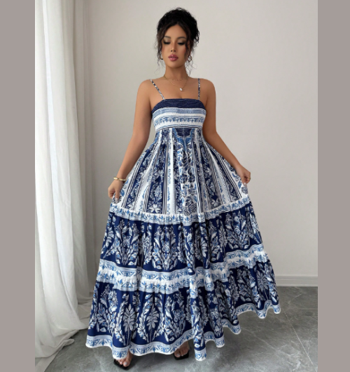 Vestido largo estampado con cintura entallada para mujer