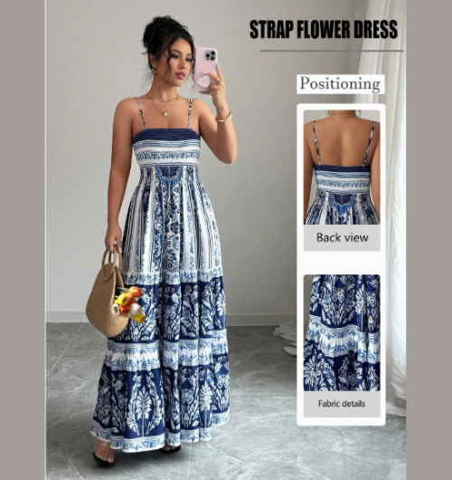 Vestido largo estampado con cintura entallada para mujer