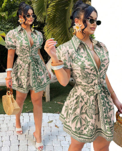 Vestido estampado corte A de manga corta con lazo de ajuste para mujer