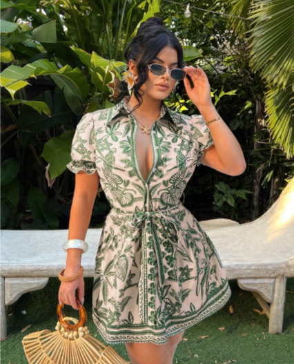 Vestido estampado corte A de manga corta con lazo de ajuste para mujer