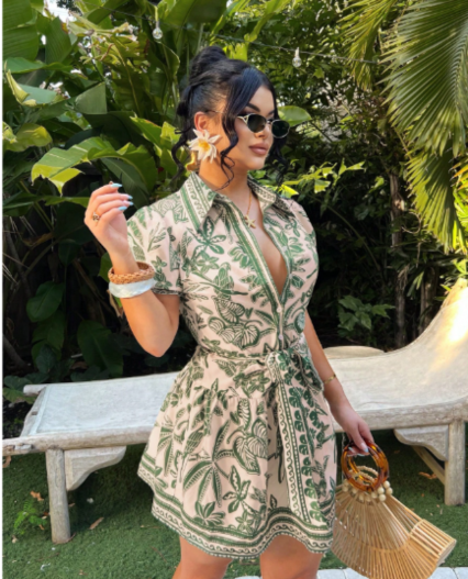 Vestido estampado corte A de manga corta con lazo de ajuste para mujer