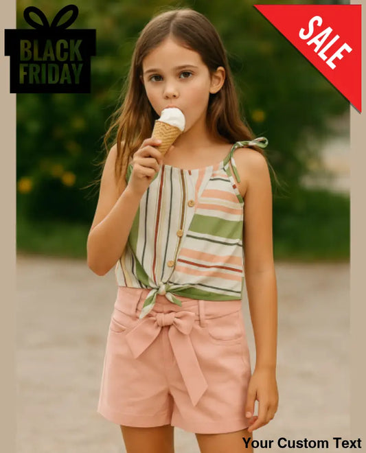 Conjunto de niña con blusa de tiras a rayas y short durazno con lazo 8 Conjunto