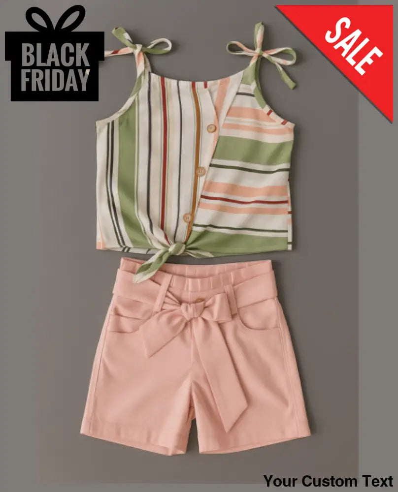Conjunto de niña con blusa de tiras a rayas y short durazno con lazo 8 Conjunto