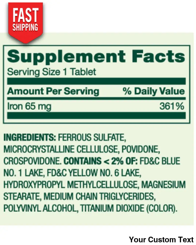 Iron 65 mg 325 mg Sulfato Ferroso Spring Valley - 100 Tabletas - Suplementos y Vitaminas