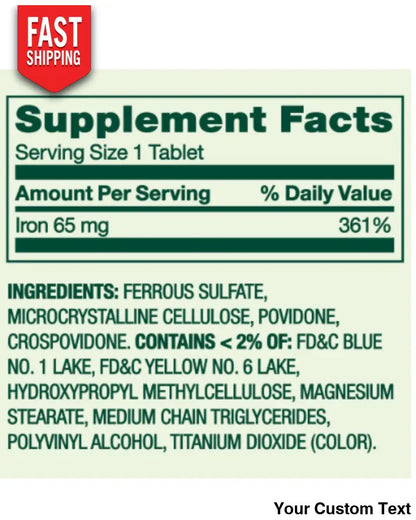 Iron 65 mg 325 mg Sulfato Ferroso Spring Valley - 100 Tabletas - Suplementos y Vitaminas