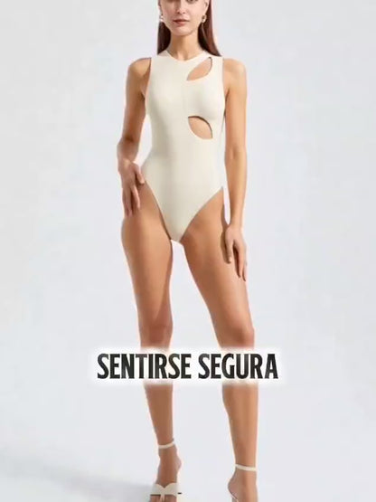 Body de una pieza ajustado y sexy con escote calado, sin mangas, color albaricoque para mujer
