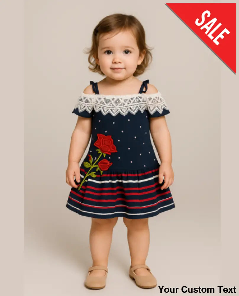 Vestido Azul Marino Infantil con Encaje Blanco y Bordado de Rosas para niña 2T Vestido