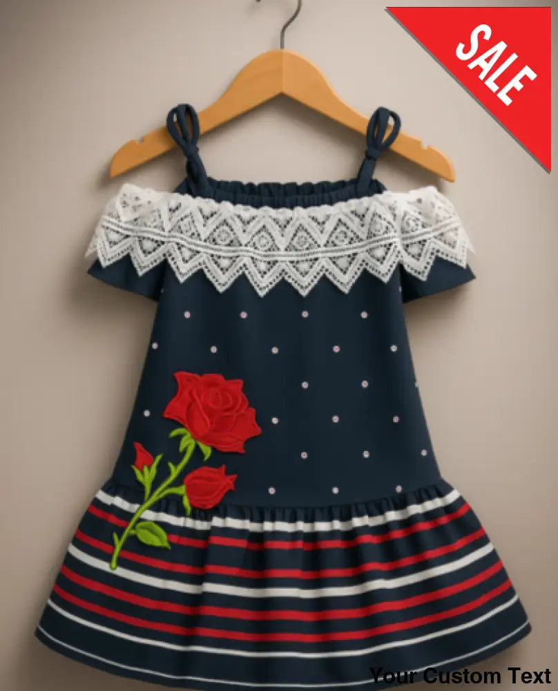 Vestido Azul Marino Infantil con Encaje Blanco y Bordado de Rosas para niña 2T Vestido