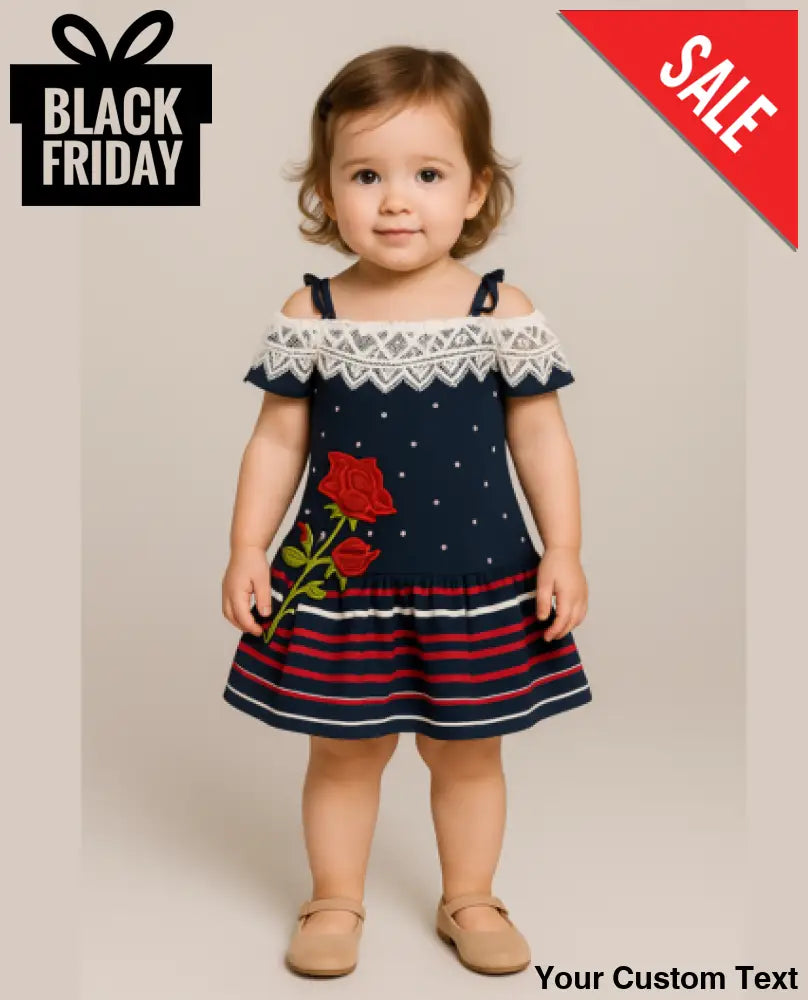 Vestido Azul Marino Infantil con Encaje Blanco y Bordado de Rosas para niña 2T Vestido