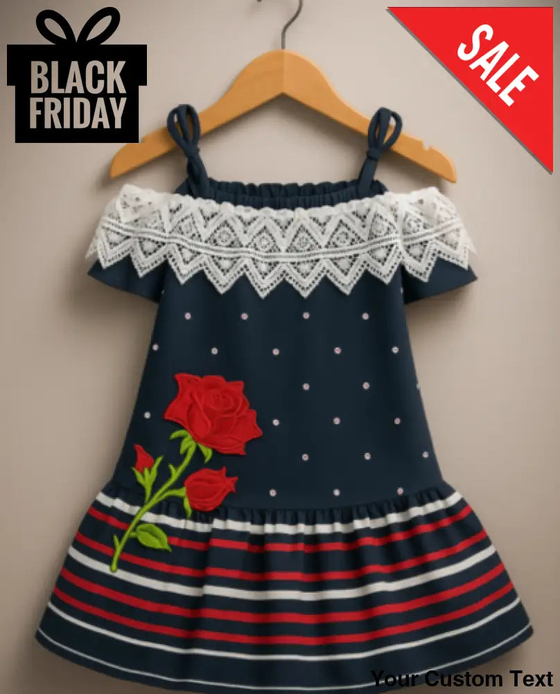 Vestido Azul Marino Infantil con Encaje Blanco y Bordado de Rosas para niña 2T Vestido