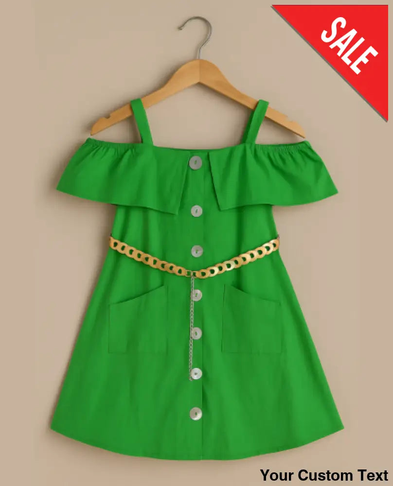 Vestido de niña con hombros descubiertos y cinturón decorativo 12 / Verde lino Vestido