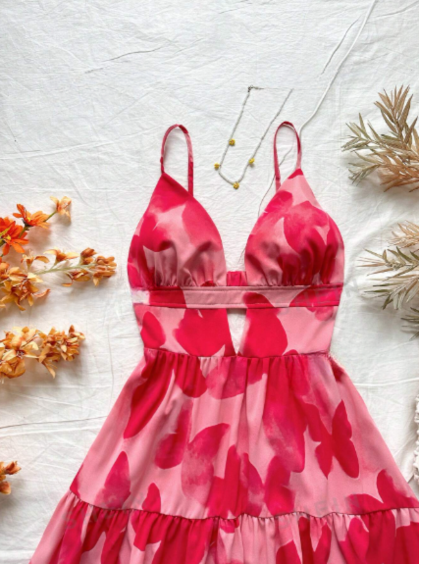 Vestido estampado floral de tiras con cuello en v y espalda descubierta para mujeres